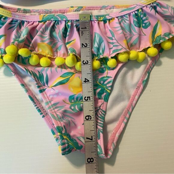 Nicole Miller 2 PC Tropical Pink Green Pom Pom Bikini Swimsuit UPF 50 Girl S 7/8 - Picture 7 of 10